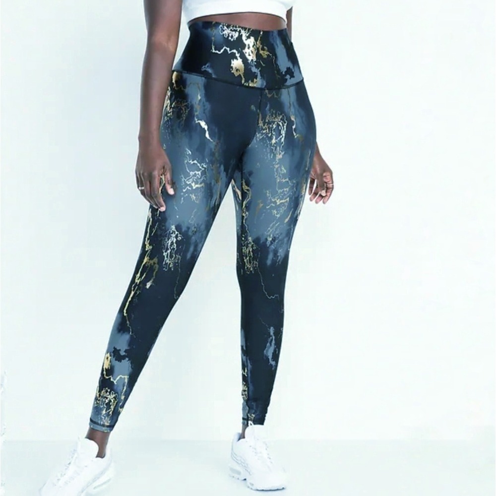 Old Navy Active Extra High Waisted Go Dry Leggings Sz M Navy Gold Splatter Swirl